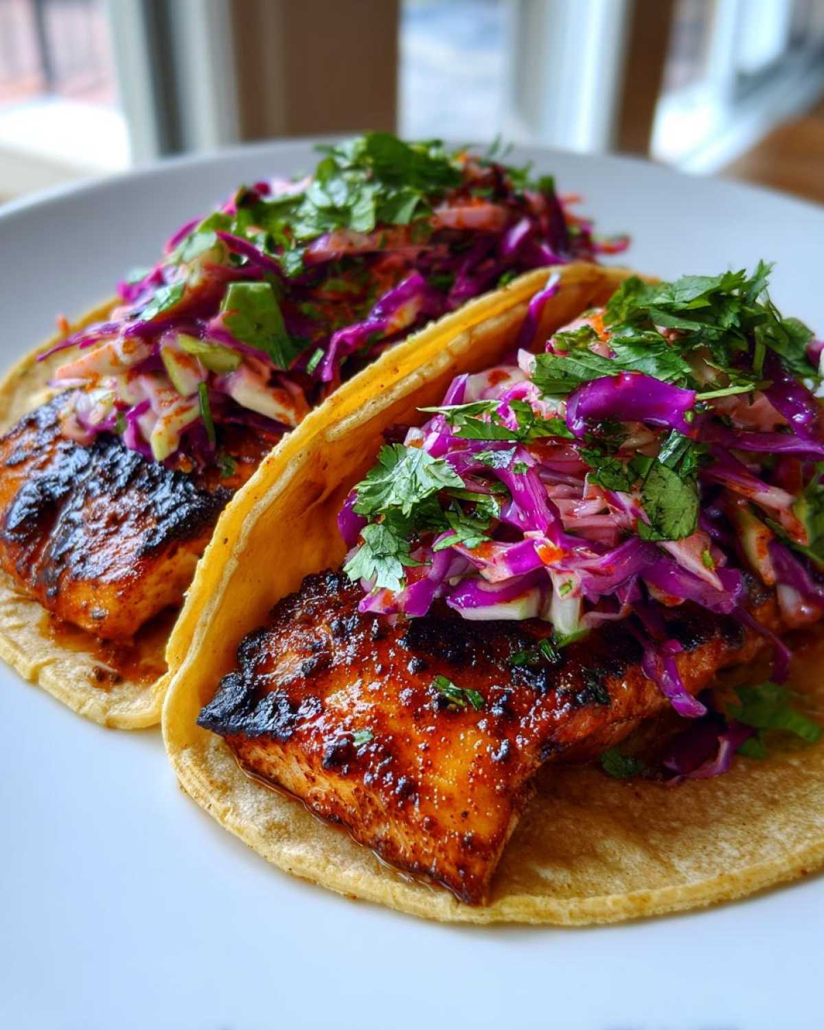 Close-up of two delicious Grilled Fish Tacos with chipotle slaw and fresh cilantro.