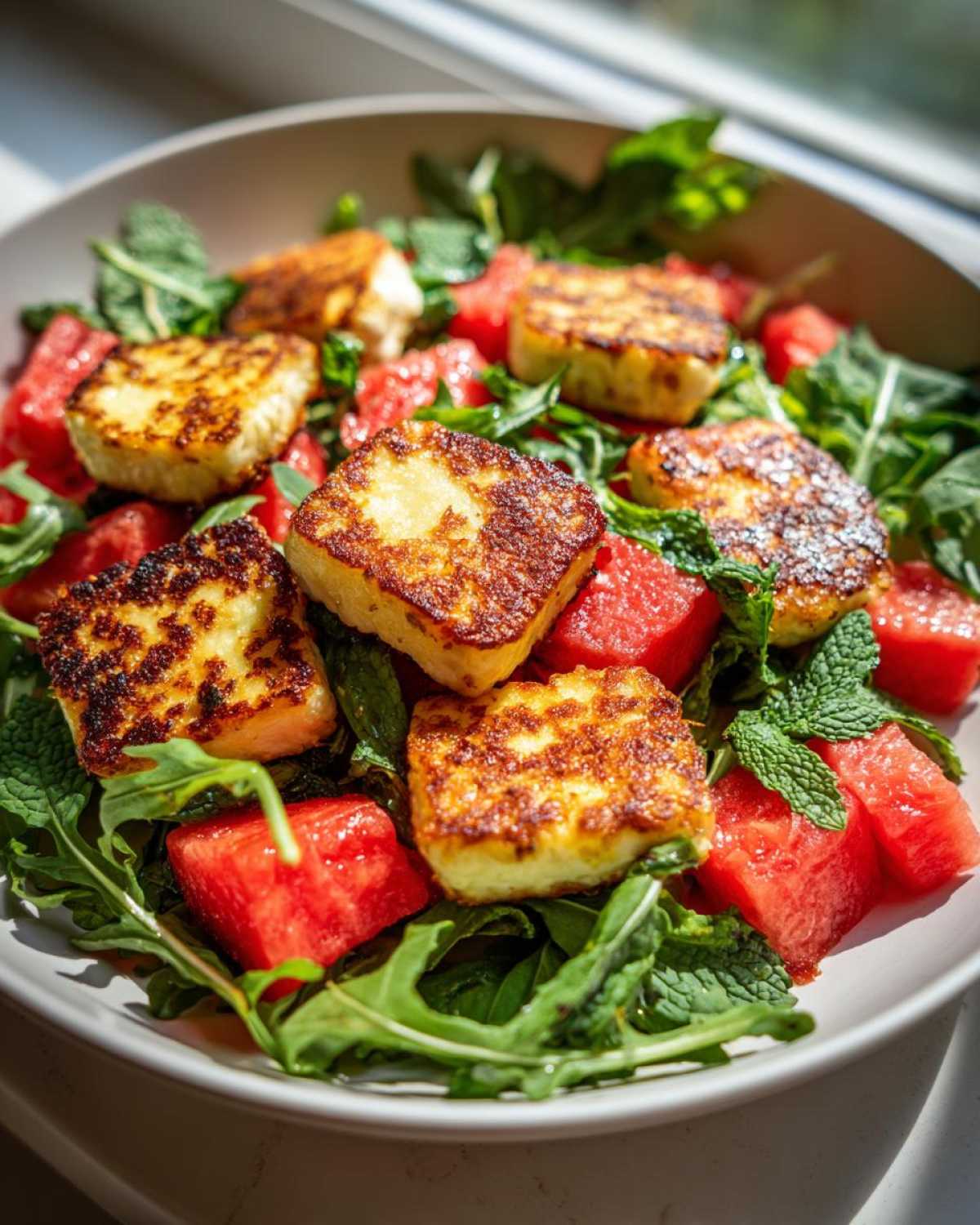 Close-up of Grilled Halloumi Salad featuring golden-brown grilled halloumi cheese cubes, bright red watermelon chunks, arugula, and fresh mint leaves.