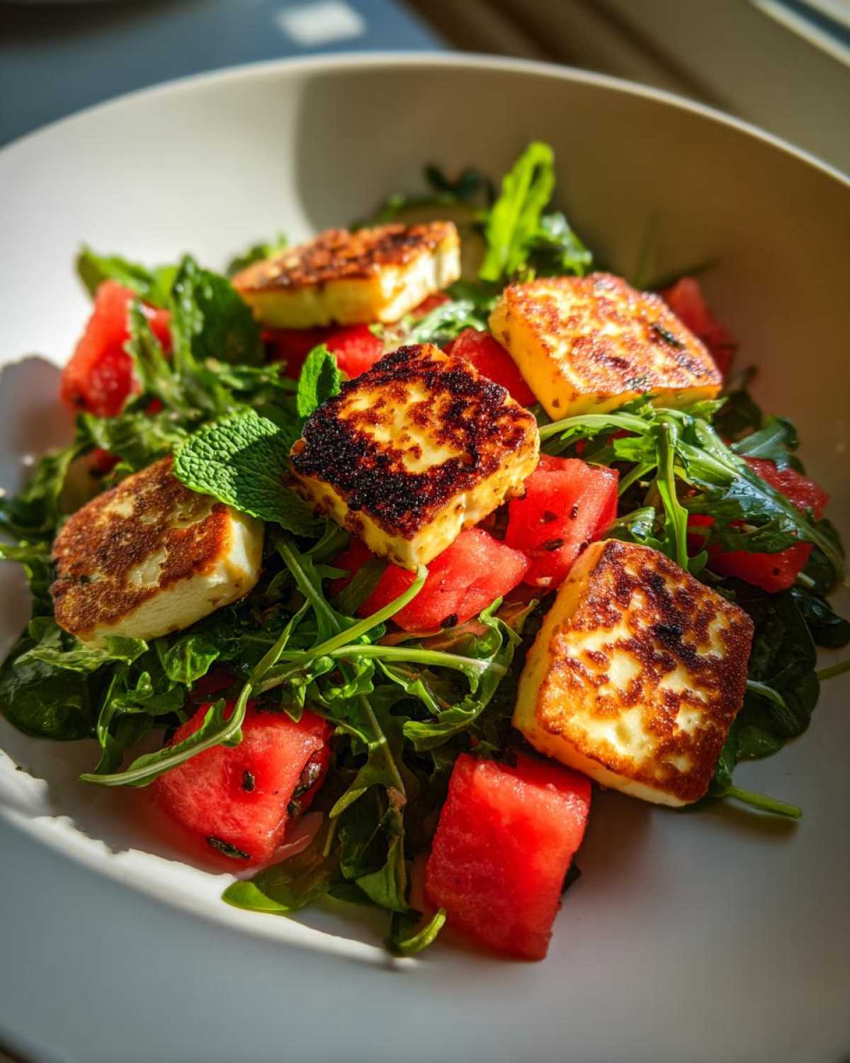 Close-up of a fresh Grilled Halloumi Salad featuring seared halloumi cubes, watermelon chunks, arugula, and mint leaves.