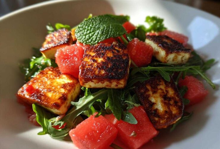 Close-up of Grilled Halloumi Salad featuring seared halloumi cheese, bright red watermelon chunks, and fresh mint on a bed of arugula.
