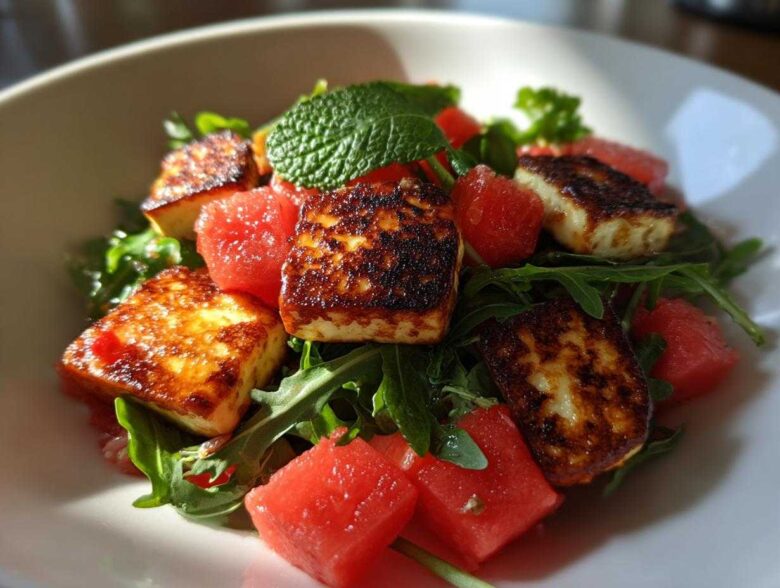 Close-up of Grilled Halloumi Salad featuring seared halloumi cheese, bright red watermelon chunks, and fresh mint on a bed of arugula.