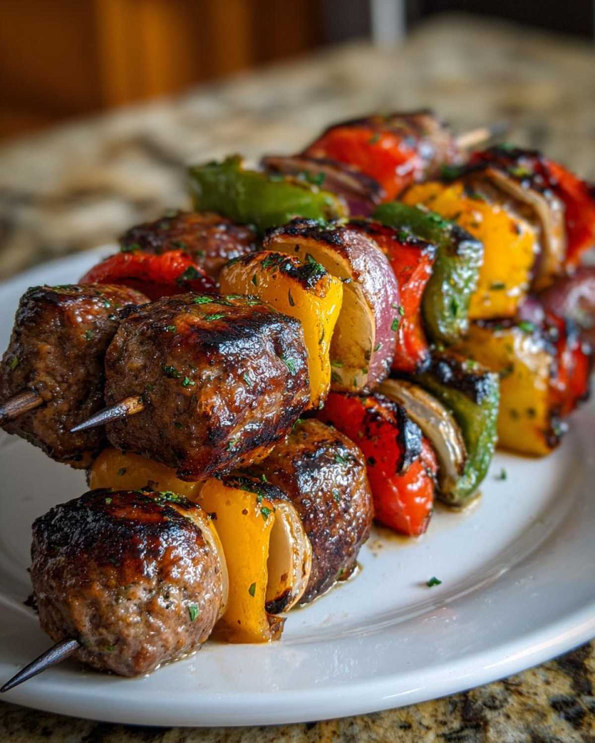 Close-up of perfectly charred Grilled Italian Sausage and Bell Pepper Skewers garnished with parsley on a white plate.