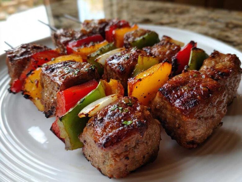 Close-up of perfectly charred Grilled Italian Sausage and Bell Pepper Skewers resting on a white plate.