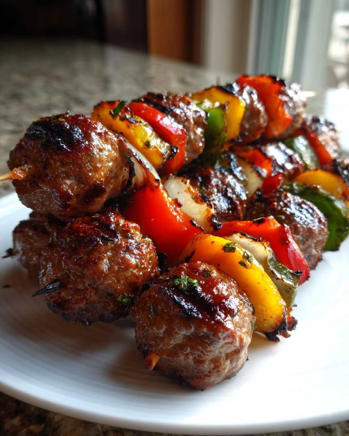 Close-up of juicy Grilled Italian Sausage and Bell Pepper Skewers, perfectly charred and glazed on a white plate.