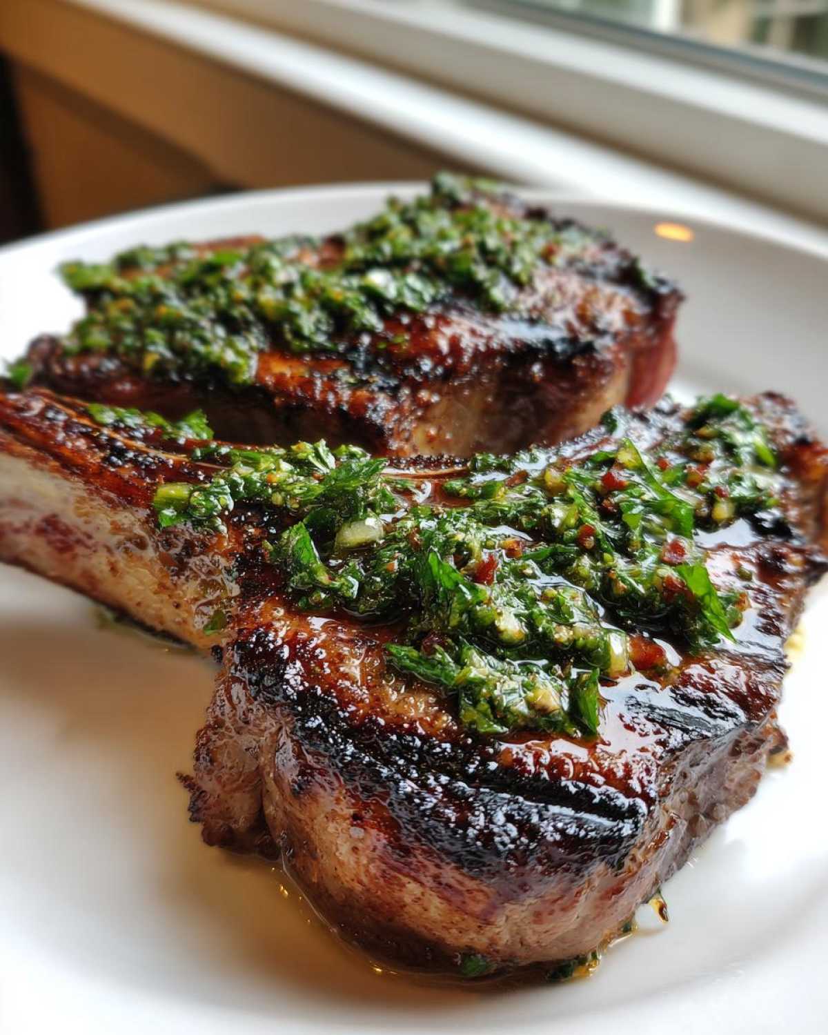 Close-up of two perfectly seared Grilled Lamb Chops topped generously with bright green Mint Chimichurri.