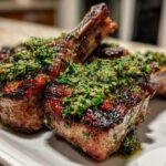 Close-up of perfectly seared Grilled Lamb Chops with Mint Chimichurri sauce spooned generously on top.
