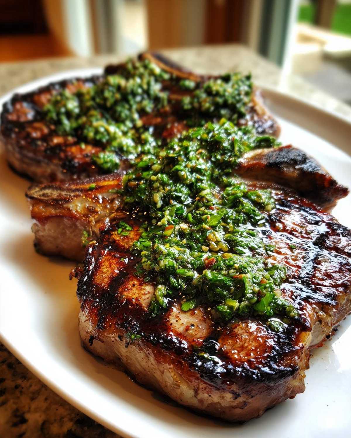 Two perfectly grilled lamb chops topped generously with vibrant green Mint Chimichurri sauce on a white plate.
