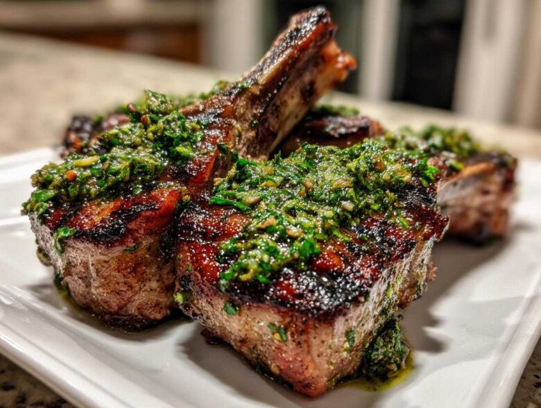 Close-up of perfectly seared Grilled Lamb Chops with Mint Chimichurri sauce spooned generously on top.