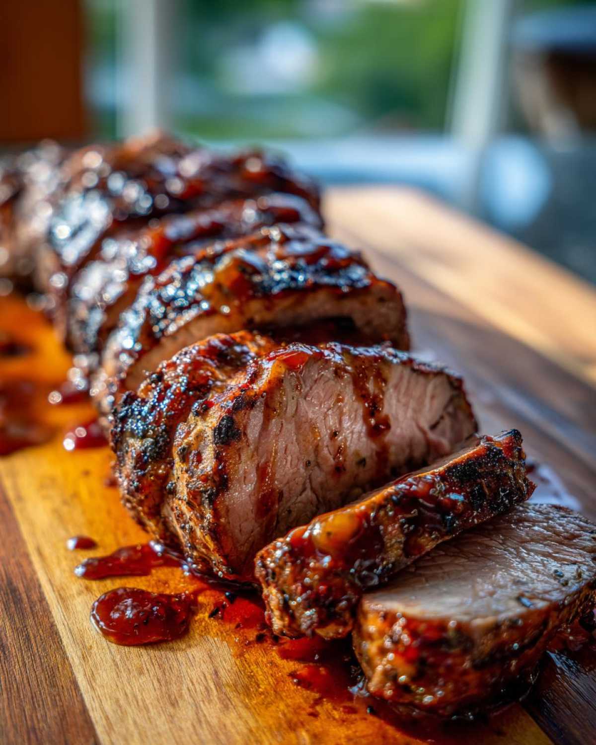 Close-up of sliced Grilled Pork Tenderloin with Spicy Peach Glaze, glistening with sauce on a wooden board.
