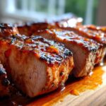 Close-up of thick slices of Grilled Pork Tenderloin with Spicy Peach Glaze, showing juicy interior and caramelized exterior.