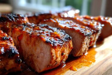 Close-up of thick slices of Grilled Pork Tenderloin with Spicy Peach Glaze, showing juicy interior and caramelized exterior.