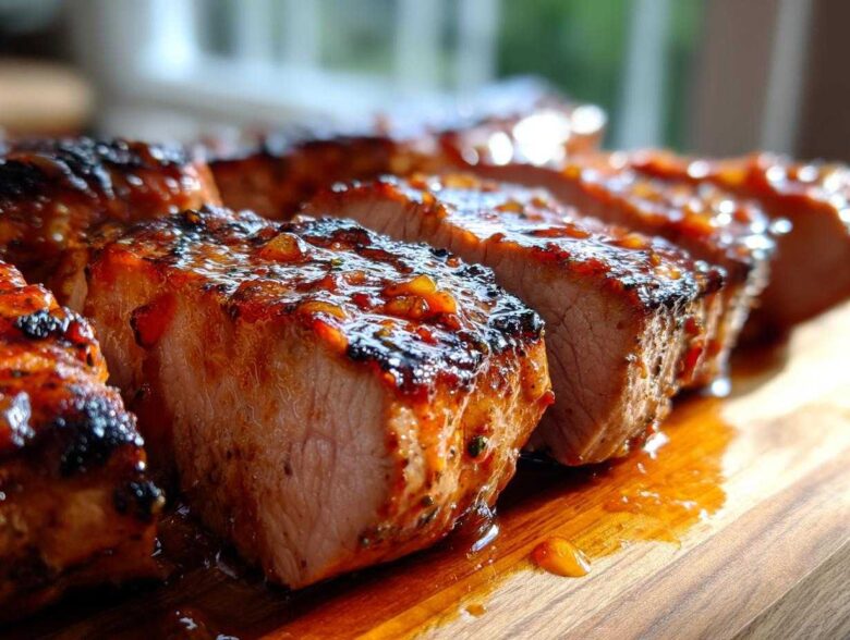 Close-up of thick slices of Grilled Pork Tenderloin with Spicy Peach Glaze, showing juicy interior and caramelized exterior.
