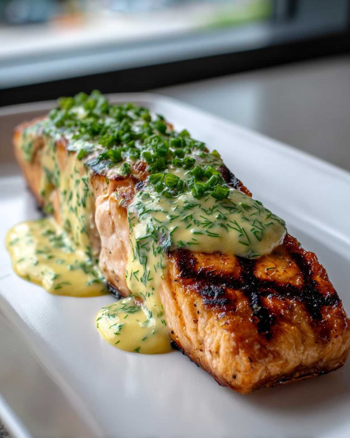 Close-up of perfectly Grilled Salmon Fillets topped with creamy lemon-dill sauce and fresh chives.