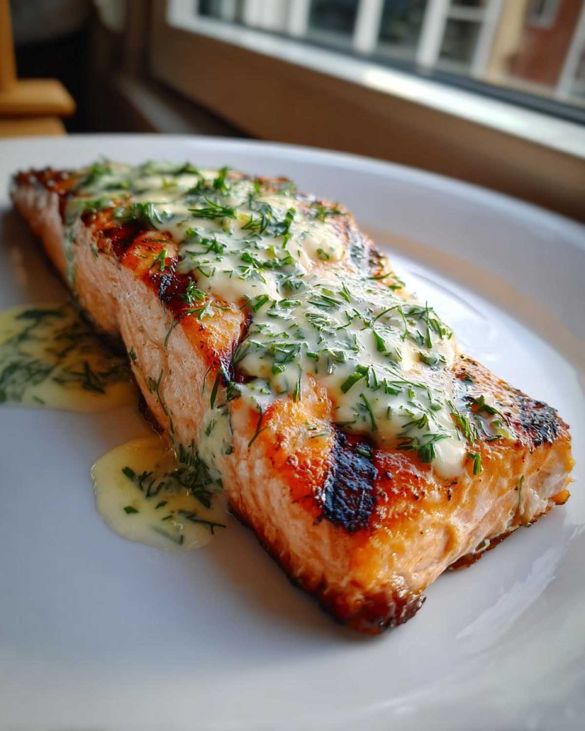 Close-up of perfectly cooked Grilled Salmon Fillets topped with a creamy lemon-dill sauce and fresh dill.