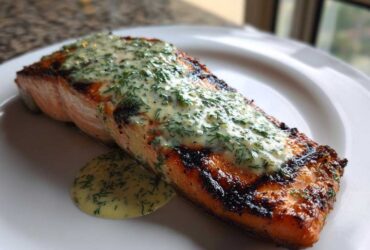 A perfectly cooked piece of Grilled Salmon Fillets with Lemon-Dill Sauce resting on a white plate.