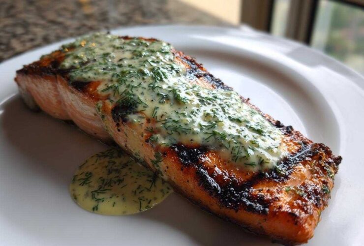 A perfectly cooked piece of Grilled Salmon Fillets with Lemon-Dill Sauce resting on a white plate.