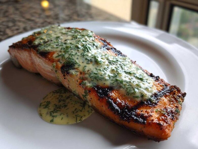 A perfectly cooked piece of Grilled Salmon Fillets with Lemon-Dill Sauce resting on a white plate.