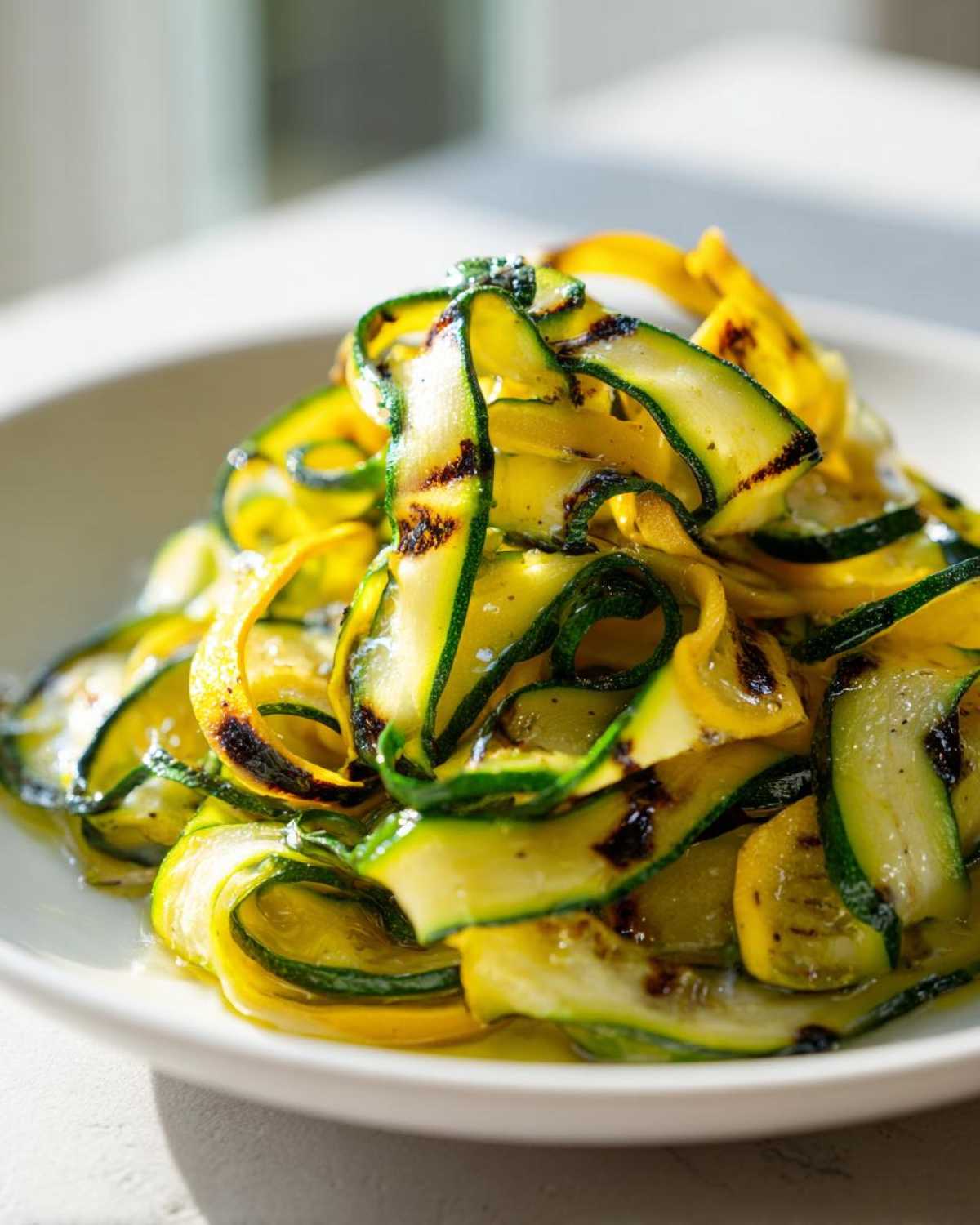 Close-up of perfectly cooked Grilled Zucchini and Yellow Squash Ribbons tossed lightly in oil on a white dish.