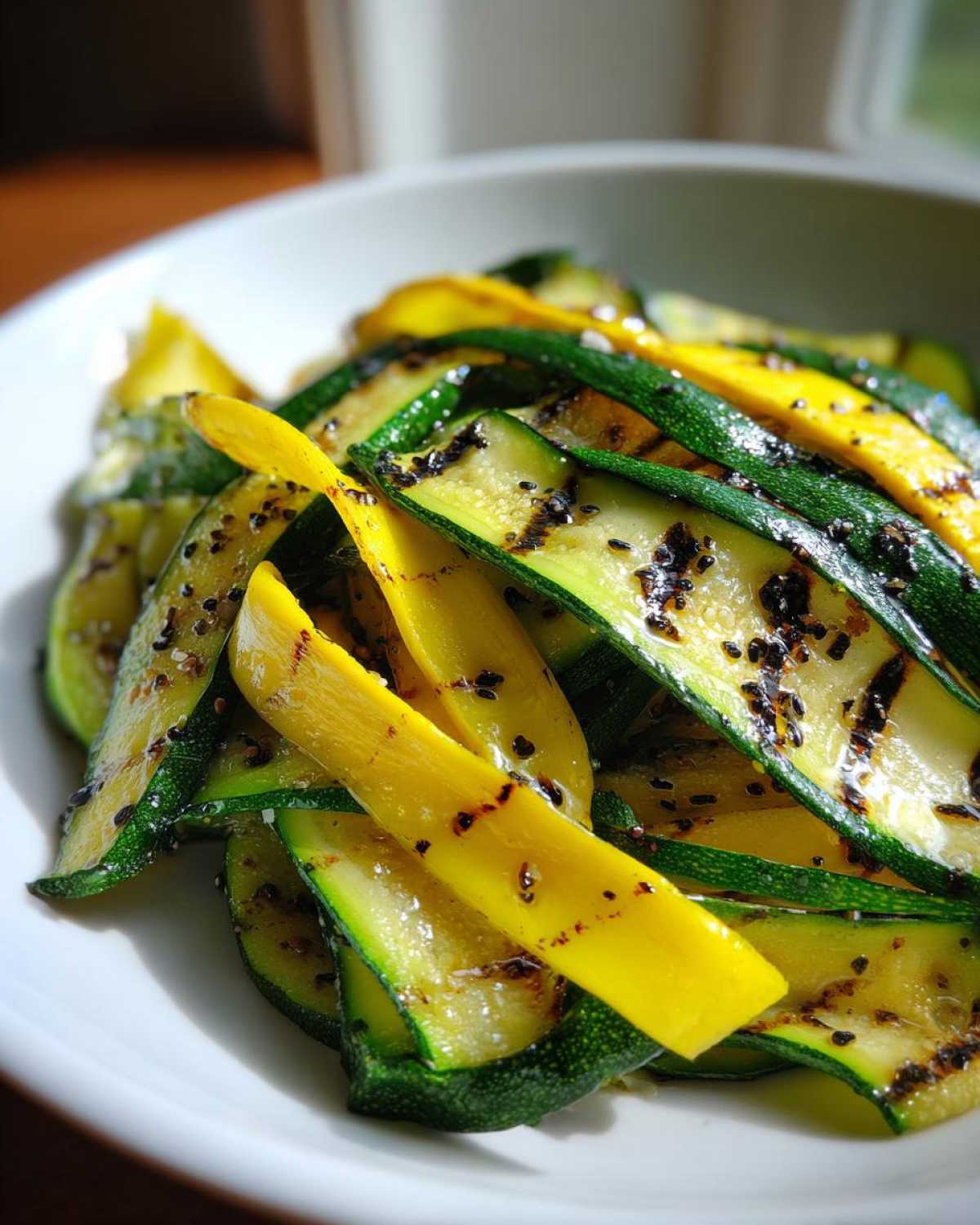 Close-up of perfectly grilled zucchini and yellow squash ribbons seasoned with black specks, ready to serve.