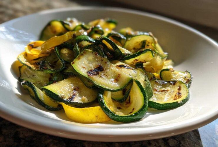 Close-up of Grilled Zucchini and Yellow Squash Ribbons with visible grill marks served in a white bowl.