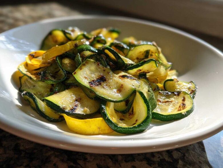 Close-up of Grilled Zucchini and Yellow Squash Ribbons with visible grill marks served in a white bowl.