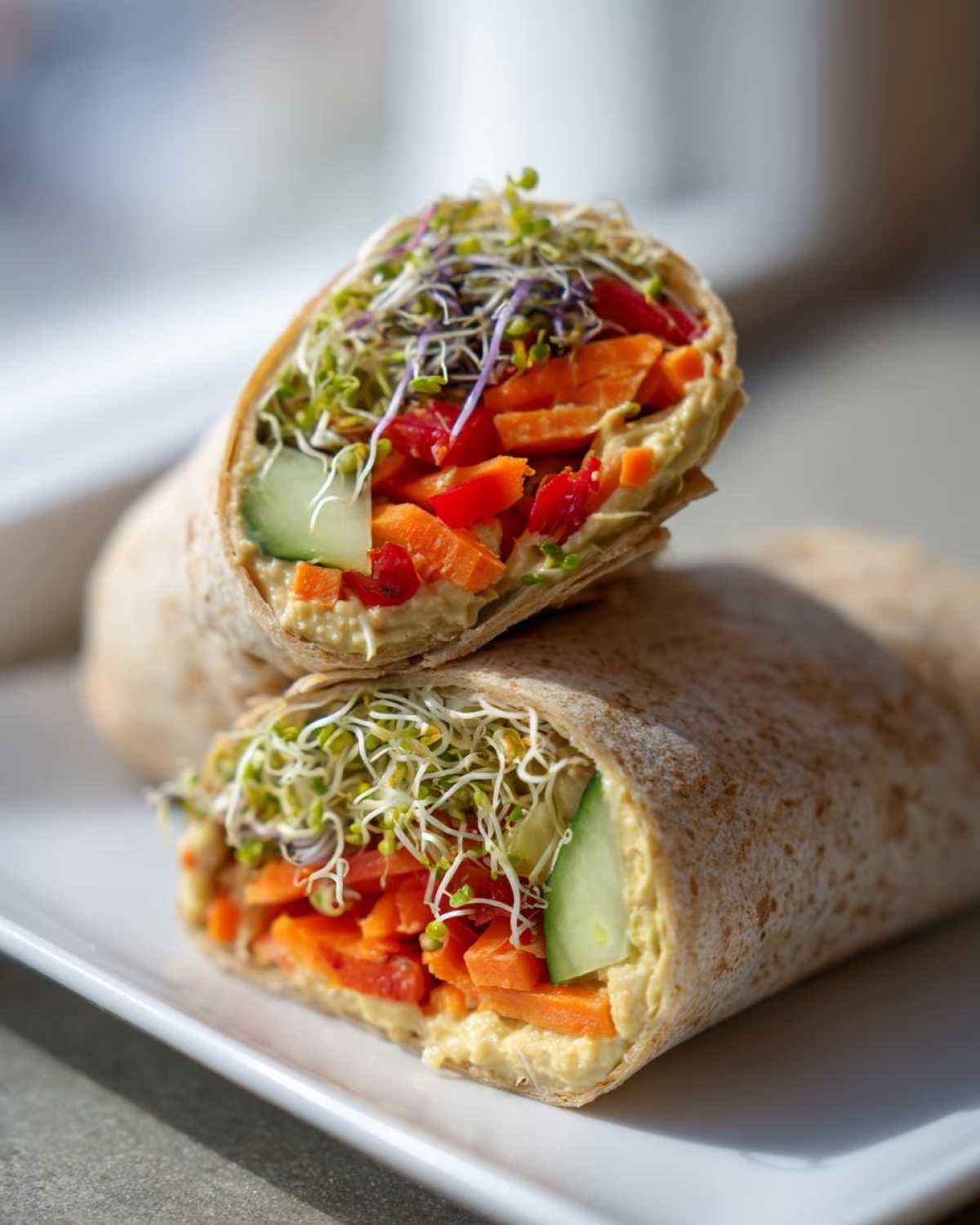 Close-up of two halves of Healthy Veggie Wraps with Hummus and Sprouts, showing carrots, cucumber, and sprouts.