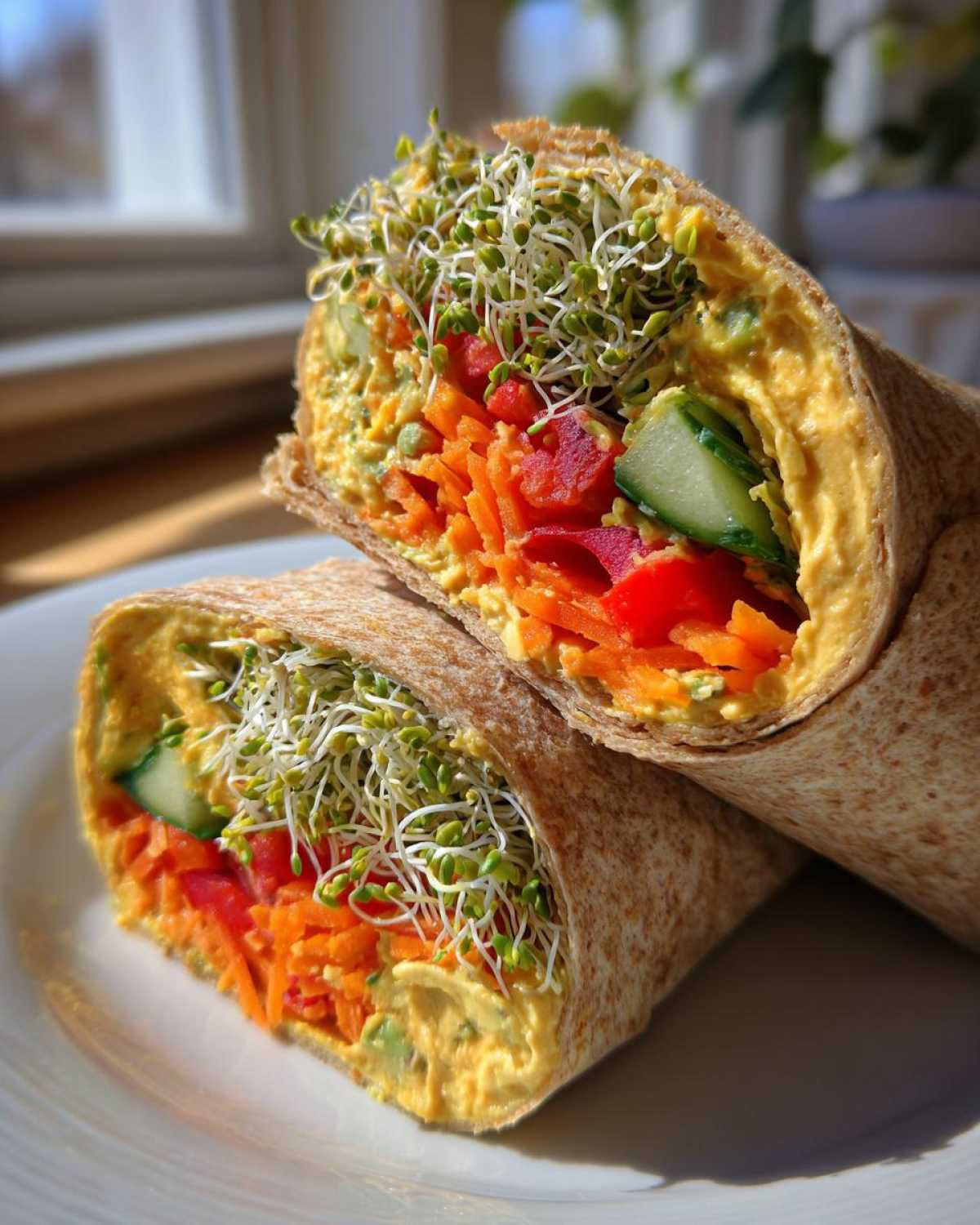 Two halves of a Healthy Veggie Wraps with Hummus and Sprouts, showing hummus, shredded carrots, cucumber, and alfalfa sprouts.