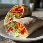 Two halves of a whole wheat wrap filled with hummus, carrots, cucumber, red pepper, and sprouts, showcasing the ingredients of the Healthy Veggie Wraps with Hummus and Sprouts.