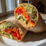 A whole wheat tortilla wrap, cut in half, showcasing layers of hummus, carrots, peppers, cucumber, and sprouts in these Healthy Veggie Wraps with Hummus.