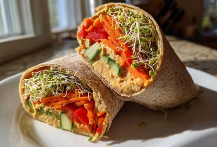 A whole wheat tortilla wrap, cut in half, showcasing layers of hummus, carrots, peppers, cucumber, and sprouts in these Healthy Veggie Wraps with Hummus.