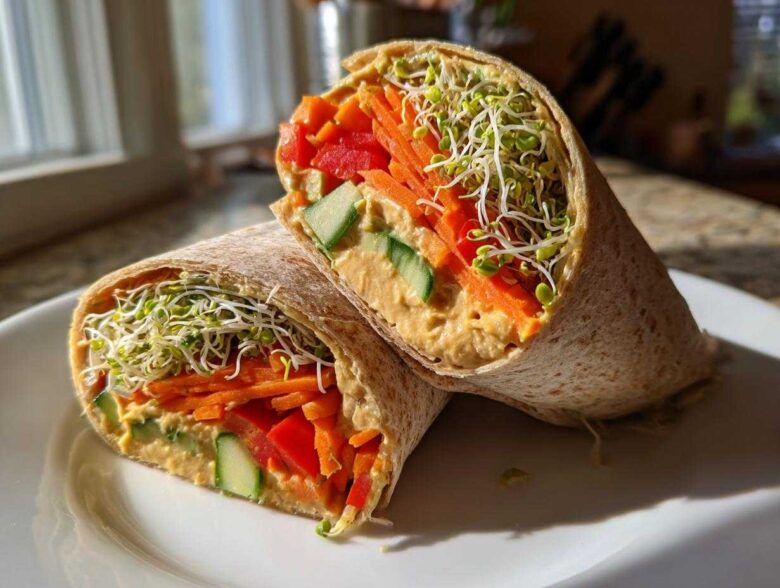 A whole wheat tortilla wrap, cut in half, showcasing layers of hummus, carrots, peppers, cucumber, and sprouts in these Healthy Veggie Wraps with Hummus.