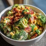 A close-up view of a white bowl filled with Hearty Broccoli Salad with Bacon and Cheddar Cheese, topped with crispy bacon pieces.