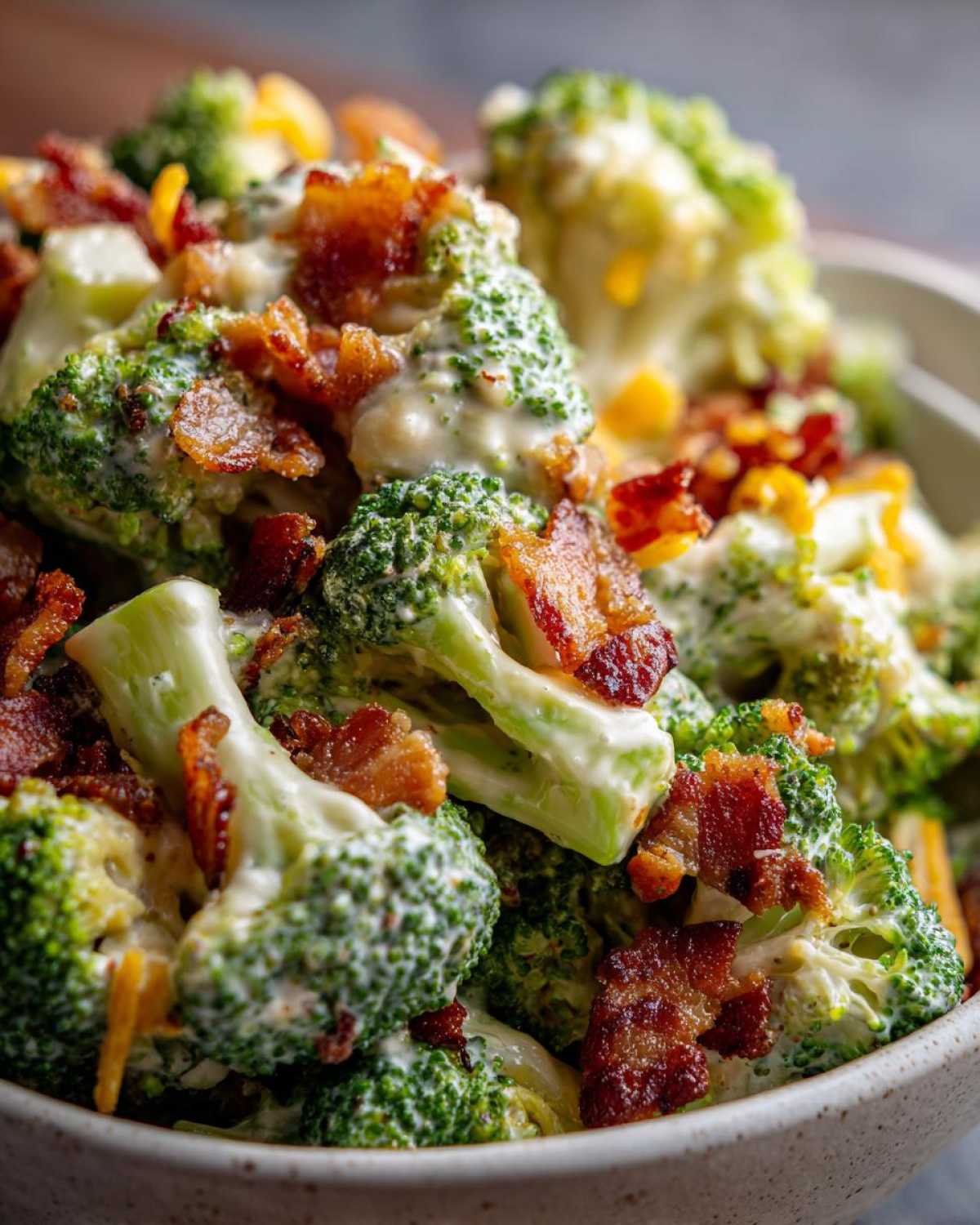 Close-up of a bowl filled with Hearty Broccoli Salad with Bacon and Cheddar Cheese, coated in creamy dressing.