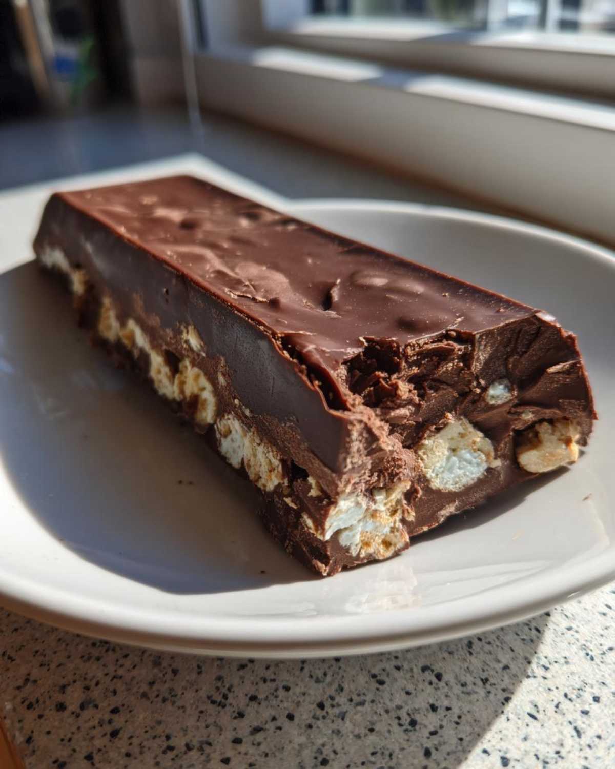Close-up of a thick, rectangular homemade Dubai Chocolate Bar Ice Cream Bar with visible marshmallow pieces.