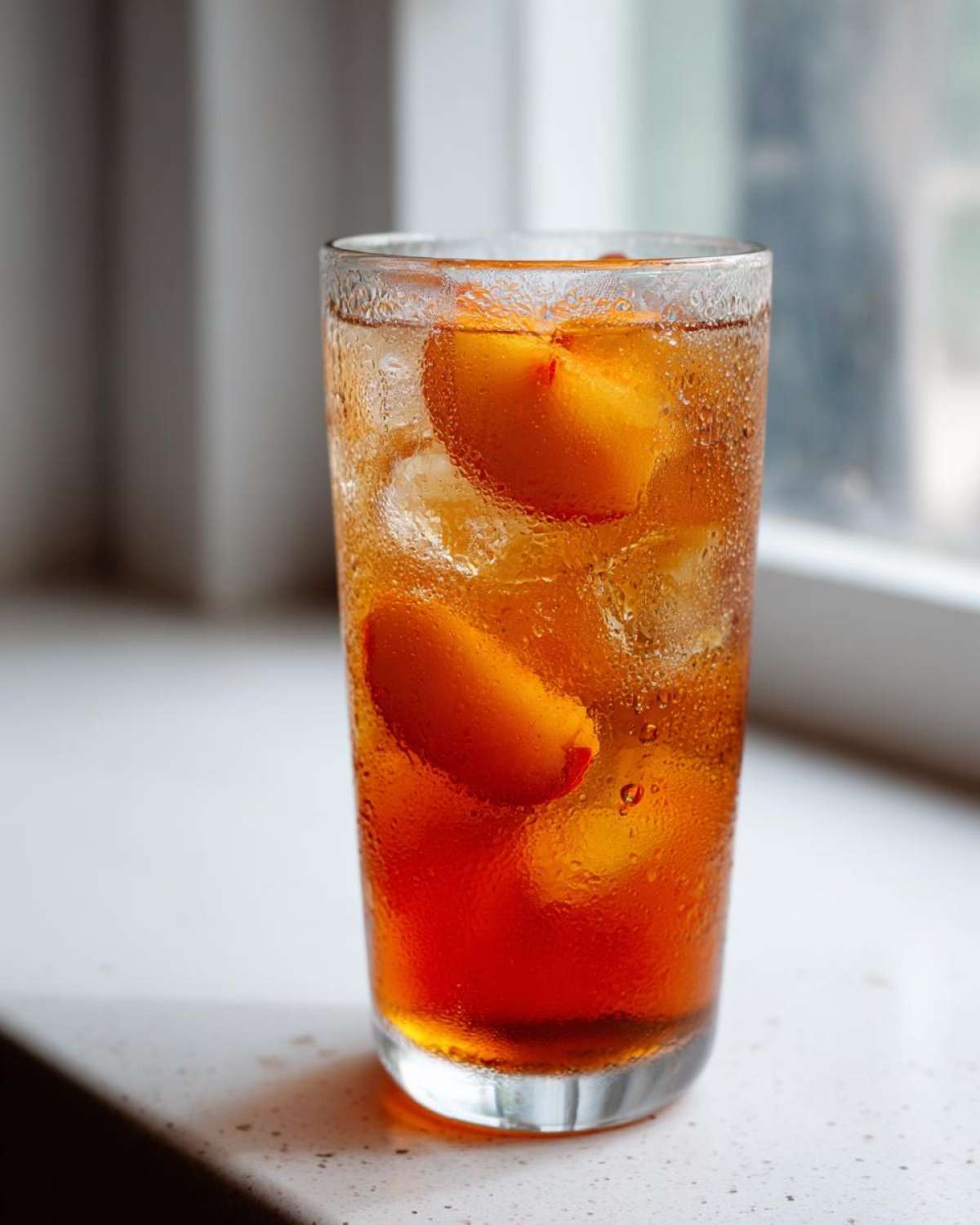 A tall, sweating glass filled with Homemade Fresh Peach Iced Tea, ice cubes, and slices of fresh peach.