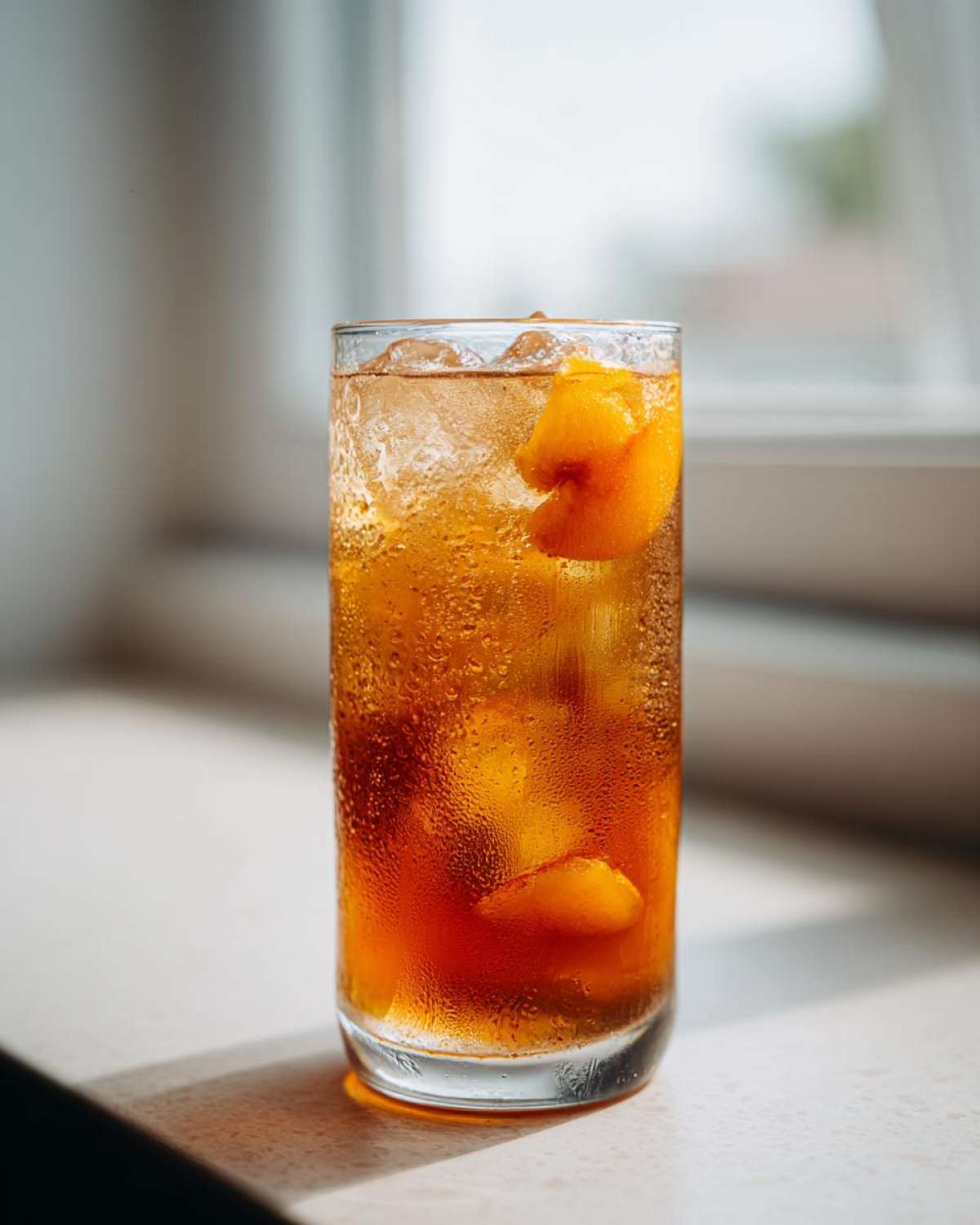 A tall, sweating glass filled with Homemade Fresh Peach Iced Tea, ice cubes, and peach slices, sitting in sunlight.