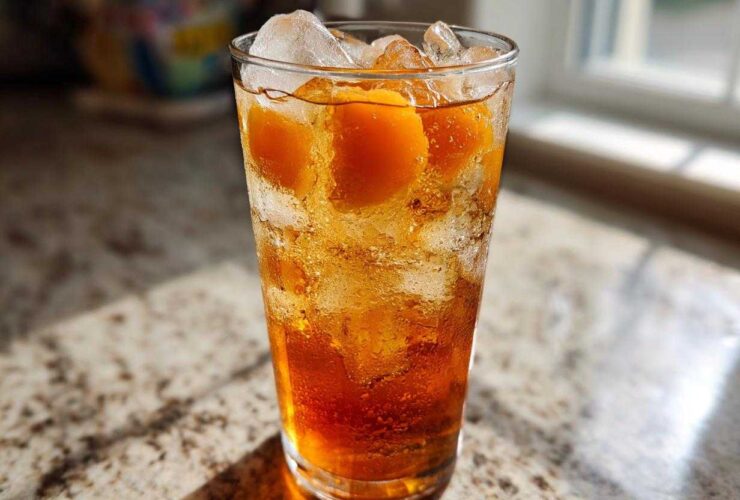 A tall, sweating glass filled with Homemade Fresh Peach Iced Tea, ice cubes, and peach slices.