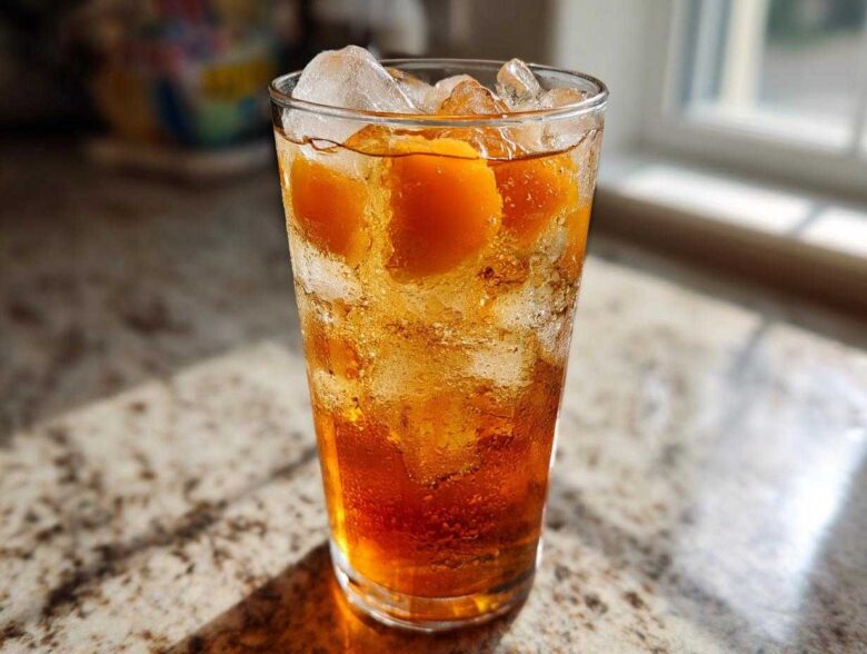 A tall, sweating glass filled with Homemade Fresh Peach Iced Tea, ice cubes, and peach slices.