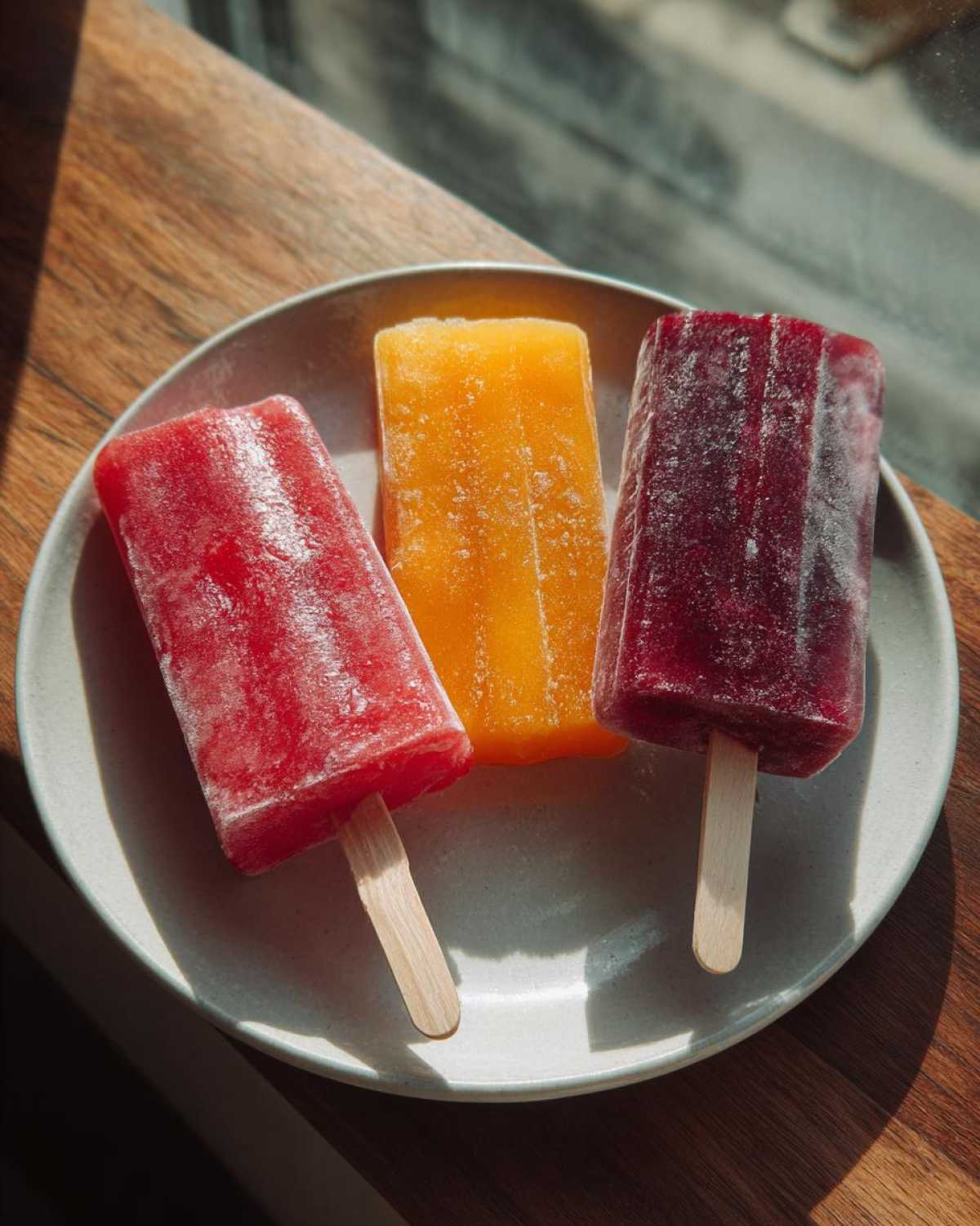 Three colorful Homemade Fruit Popsicles—red, orange, and deep purple—resting on a light plate near a window.