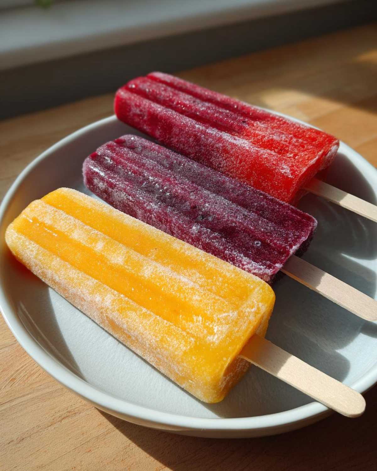 Three different colored Homemade Fruit Popsicles (yellow, dark purple, and red) resting on a light blue plate.
