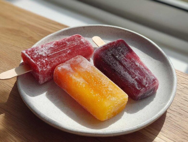 Three vibrant Homemade Fruit Popsicles (red, orange, and dark purple) resting on a speckled white plate in bright sunlight.