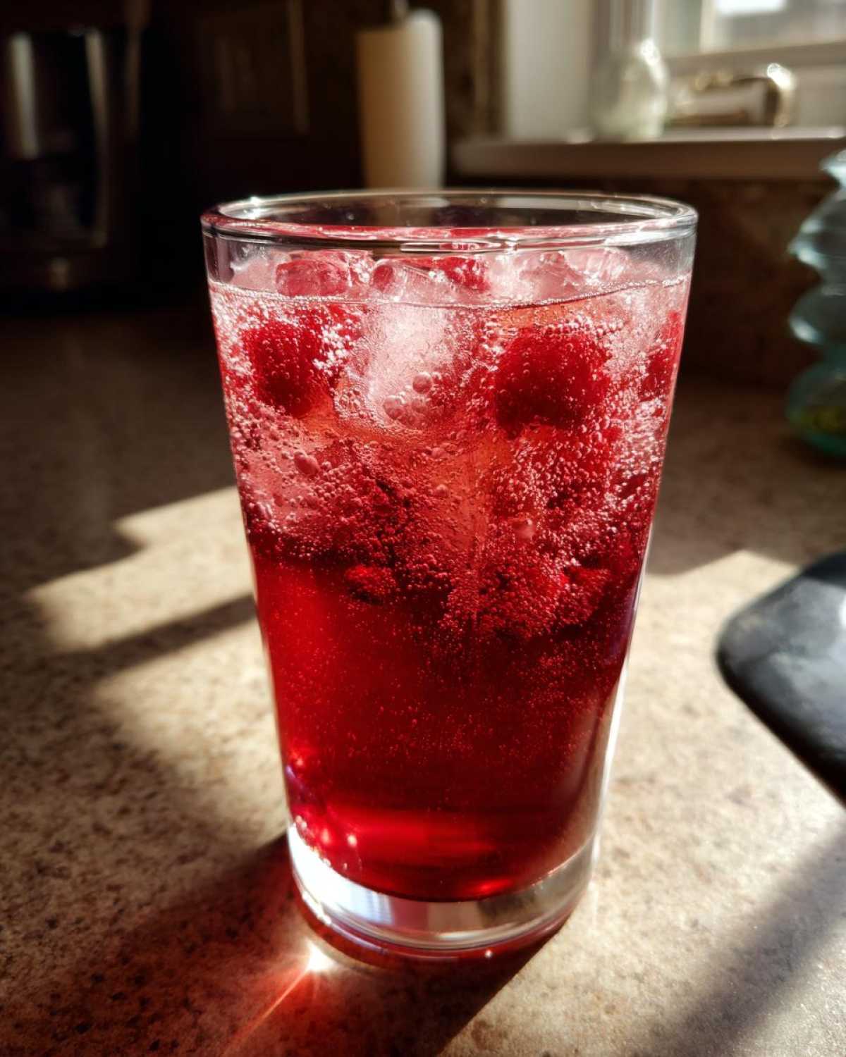 Close-up of a tall glass filled with vibrant red Homemade Sparkling Raspberry Soda, ice cubes, and whole raspberries.