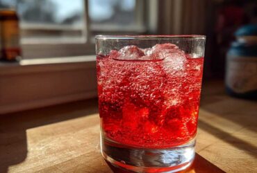 Close-up of a glass filled with bright red Homemade Sparkling Raspberry Soda and ice cubes, showing intense carbonation.