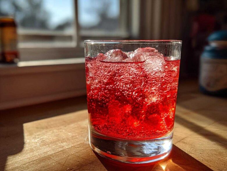 Close-up of a glass filled with bright red Homemade Sparkling Raspberry Soda and ice cubes, showing intense carbonation.