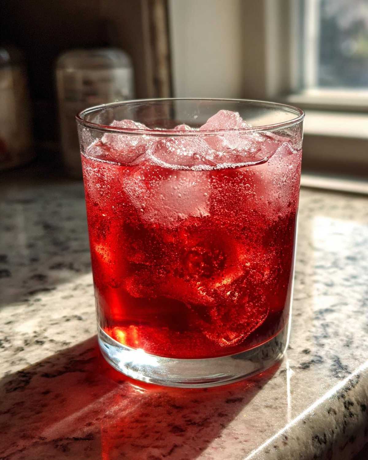 Close-up of a glass filled with vibrant red Homemade Sparkling Raspberry Soda and ice cubes, sitting on a granite counter.