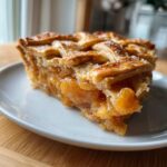 A close-up slice of Homestyle Peach Cobbler with Lattice Crust showing juicy filling and flaky, sugared topping.