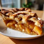 A close-up slice of Homestyle Peach Cobbler with a golden lattice crust sprinkled with coarse sugar.