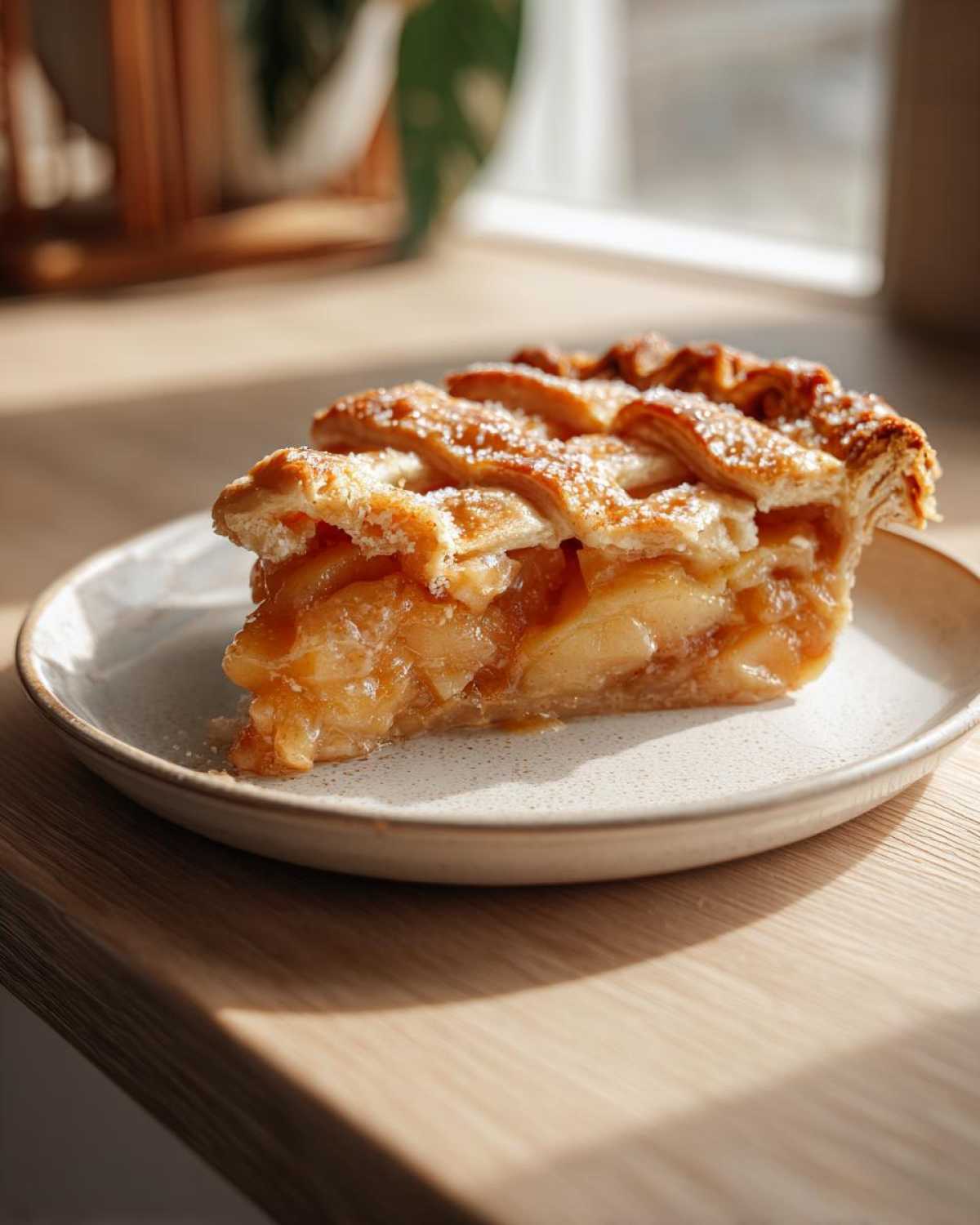 A close-up slice of Homestyle Peach Cobbler with Lattice Crust showing juicy filling and sugary top.