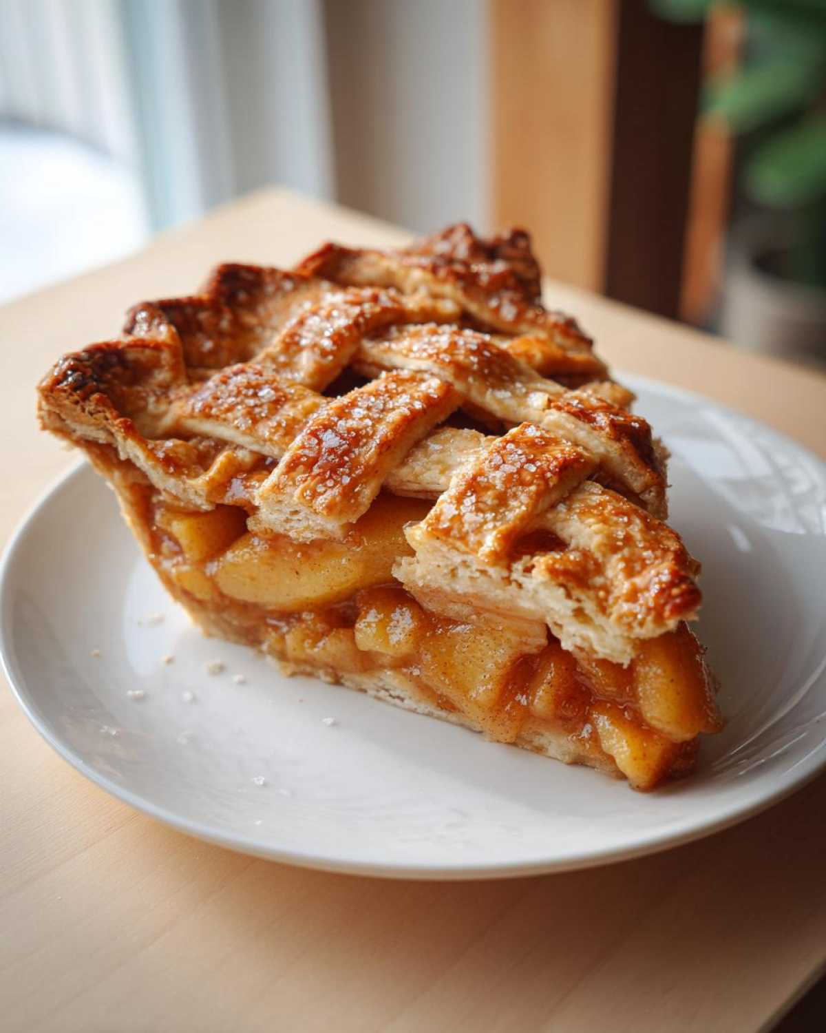 A close-up slice of Homestyle Peach Cobbler with Lattice Crust showing caramelized peaches and a sugary, flaky top.