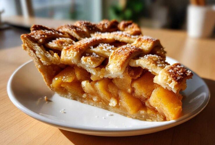 A close-up slice of Homestyle Peach Cobbler with a golden lattice crust sprinkled with coarse sugar.